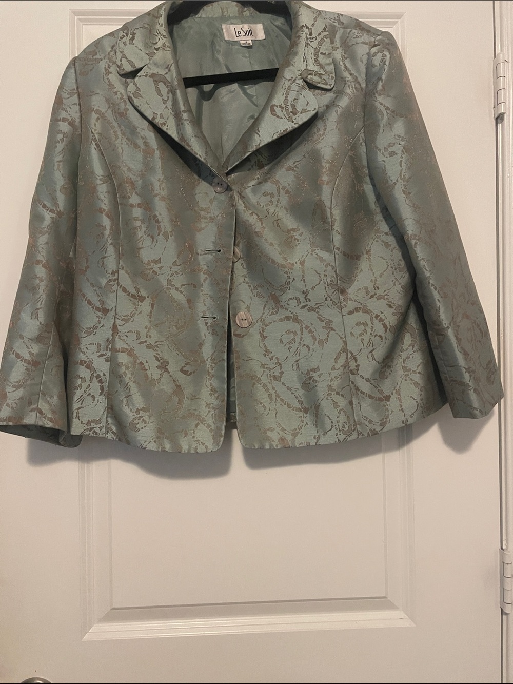 Le Suit Mint Green Brocade Cropped Jacket with Metallic Floral